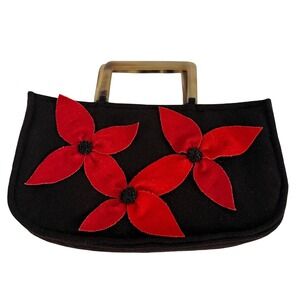 VTG‎ Shira Leah Dark Brown Felt Handbag Red Floral Applique Lucite Handle